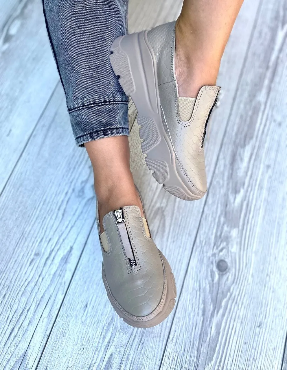 Women Leather Slip Ons 1543 Casual Shoes Beige
