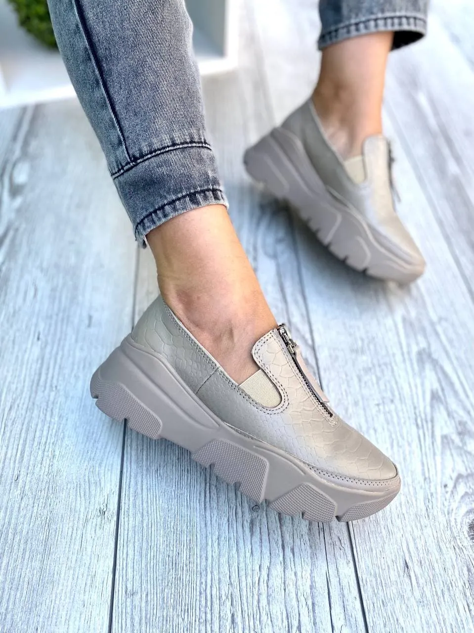 Women Leather Slip Ons 1543 Casual Shoes Beige