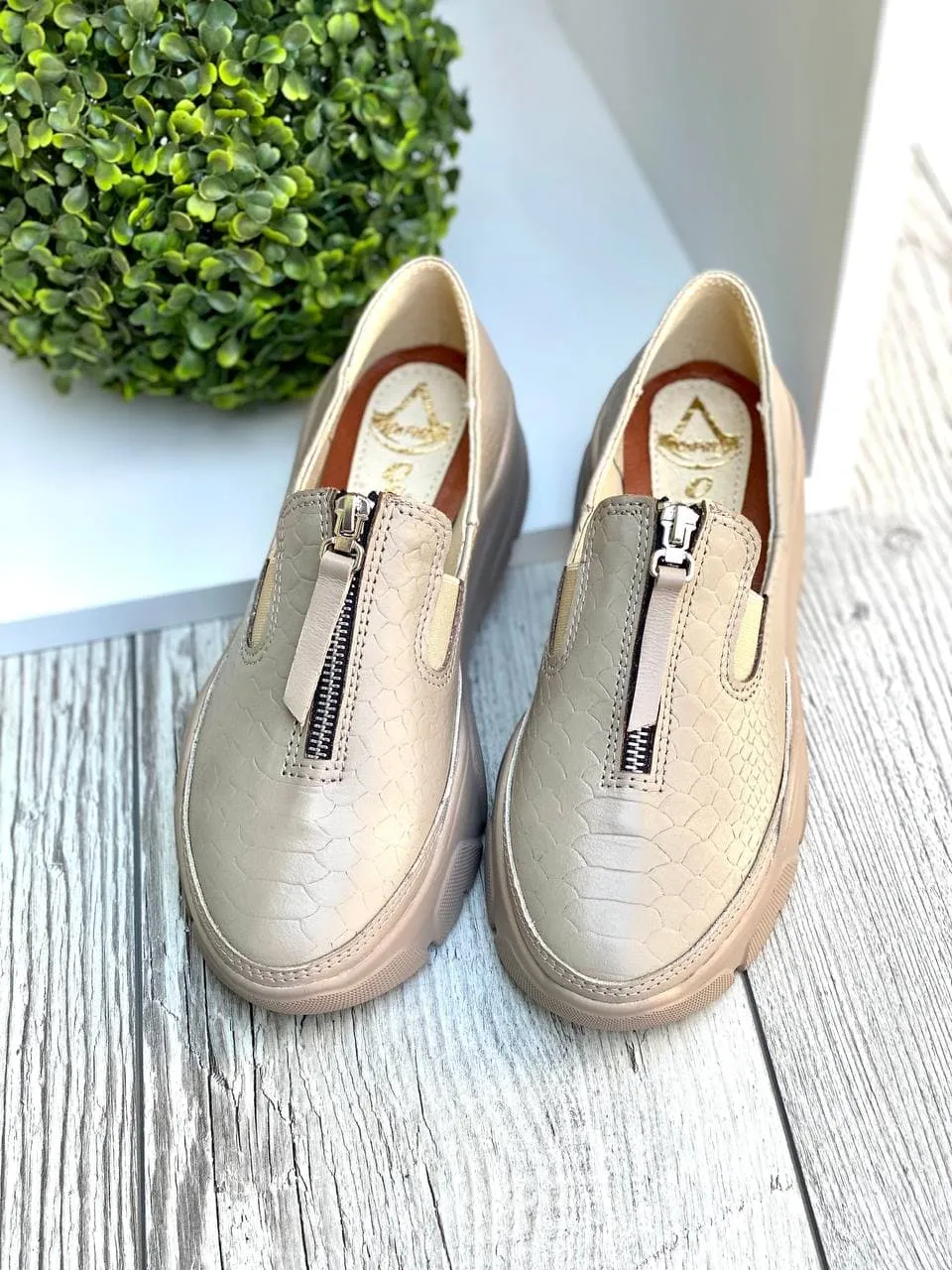 Women Leather Slip Ons 1543 Casual Shoes Beige