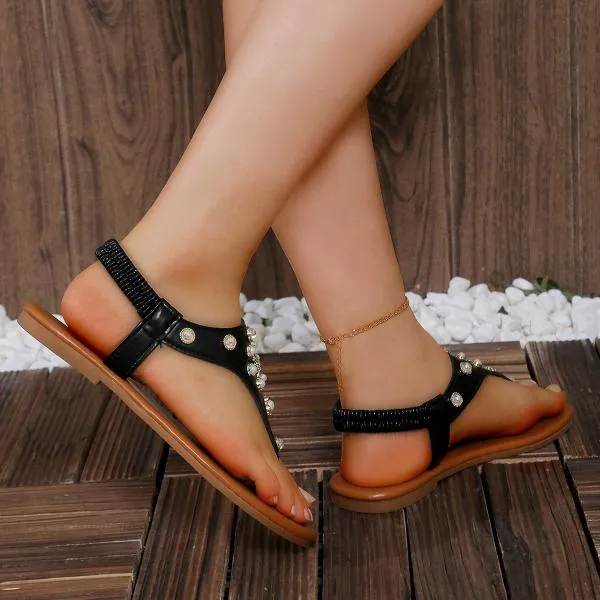 Women's Fashionable Rhinestone Beaded Flat Sandals 89572158S