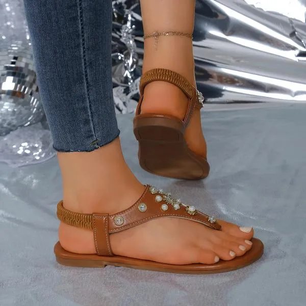 Women's Fashionable Rhinestone Beaded Flat Sandals 89572158S