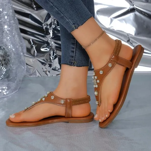 Women's Fashionable Rhinestone Beaded Flat Sandals 89572158S